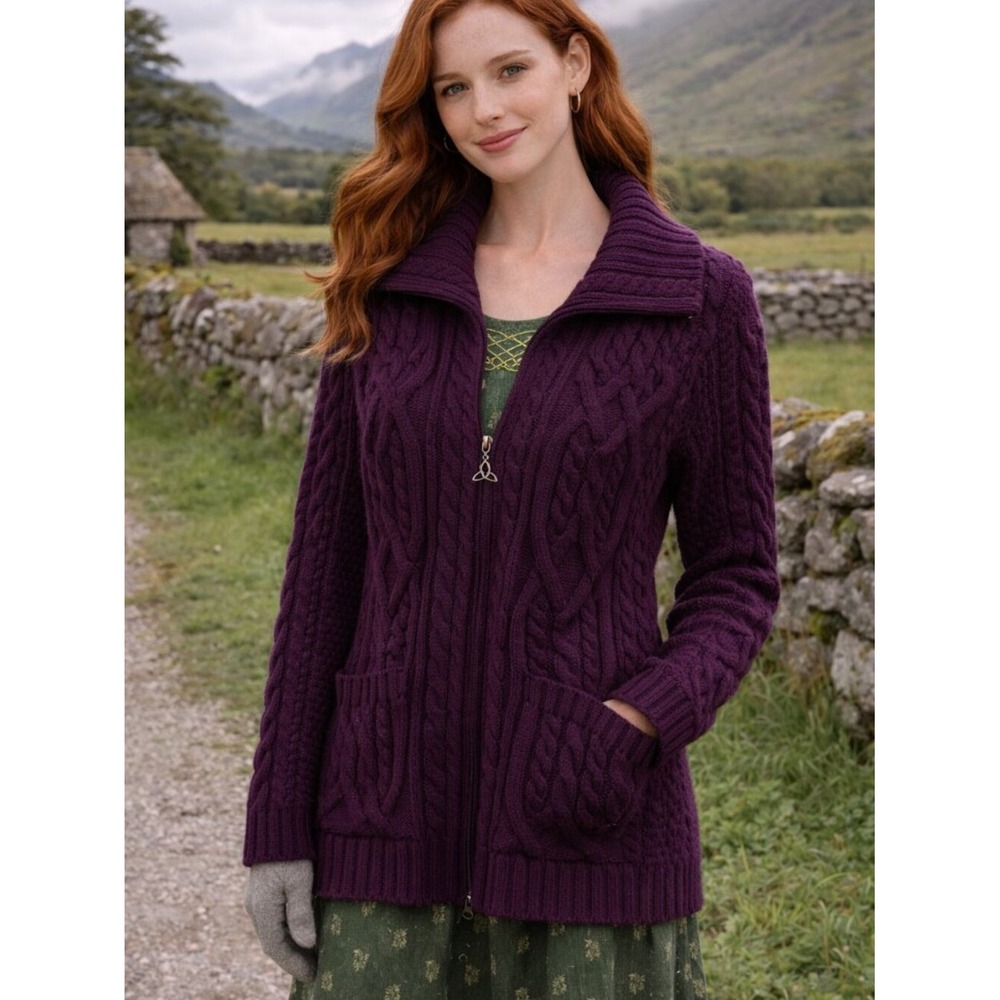 Aran Crafts Ireland‎ Purple Merino Wool Cable Knit Zip Cardigan Sweater XS